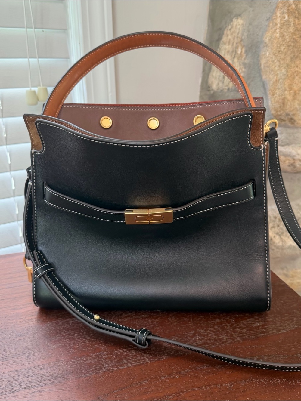 TORY BURCH Small Lee Radziwill Double Bag in Black & Brown Leather Suede Gold